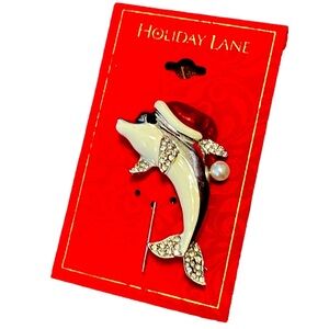 {Holiday Lane} Rhinestone Dolphin with Santa Hat Brooch